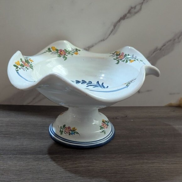 Decorative Footed Pedestal Hand-Painted Floral Ceramic Bowl Wavy Rim Vintage - Picture 5 of 9